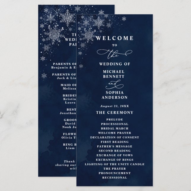 Midnight Snowflakes Wedding Program Programme (Front/Back)