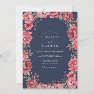Midnight Soft Coral Petal Wedding Invitation