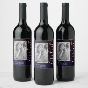Midnight Space Glitter Photo Graduation Wine Label