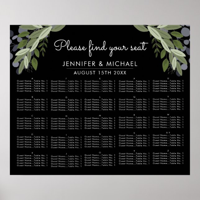 Midnight Sprigs - Alphabetical Seating Chart (Front)