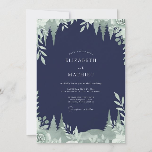 Midnight Spruce Foliage Eucalyptus Wedding Invitation (Front)
