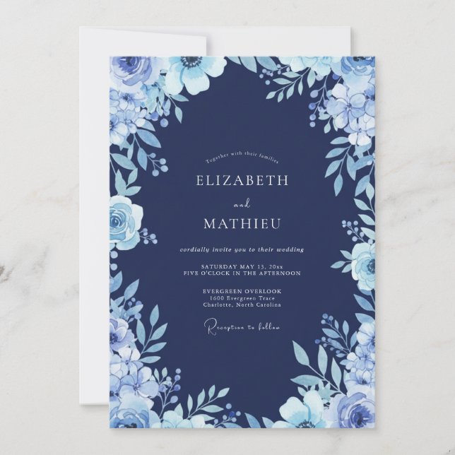 Midnight Steel Blossom Wedding Invitation (Front)