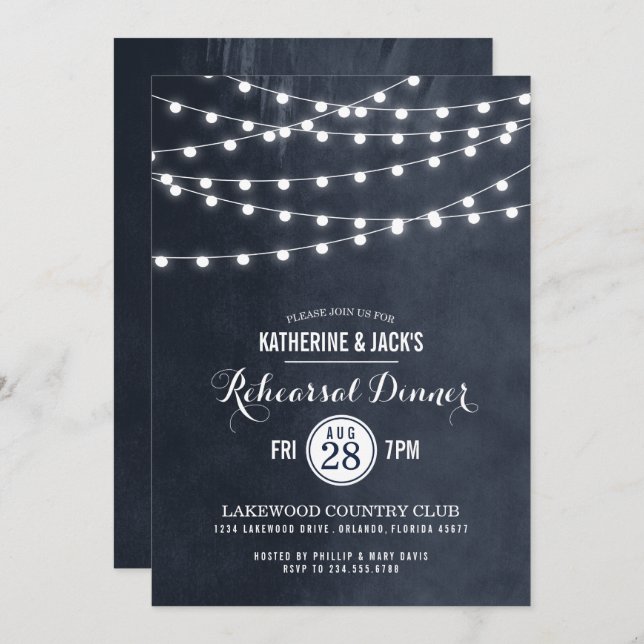 Midnight String Lights Rehearsal Dinner Invitation (Front/Back)