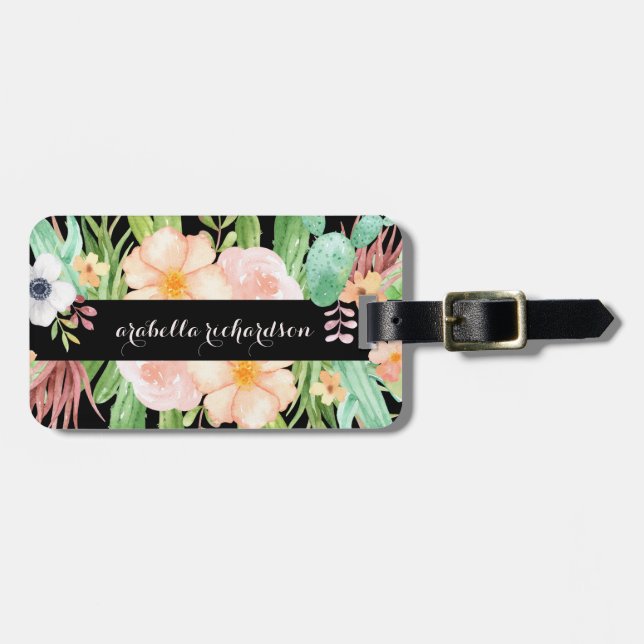 Midnight Succulent Flowers Luggage Tag (Front Horizontal)