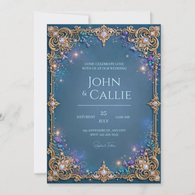 Midnight Teal Amethyst Filigree Frame Wedding Invitation (Front)