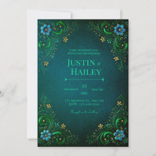 Midnight Teal Blossom Wedding Invitation