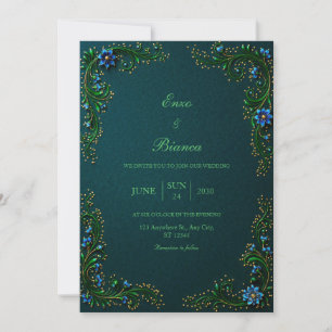 Midnight Teal Gilded Blossom Wedding Invitation