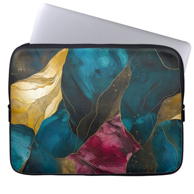Midnight Teal & Gold Marble Fusion Laptop Sleeve (Front)