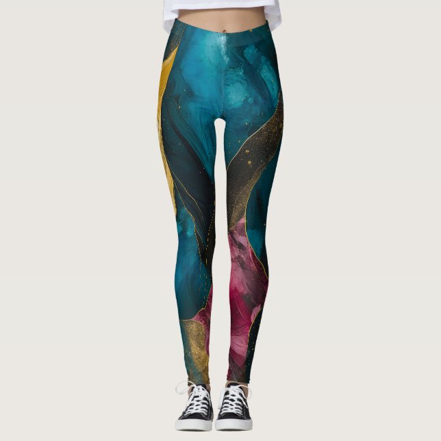 Midnight Teal & Gold Marble Fusion Leggings (Front)