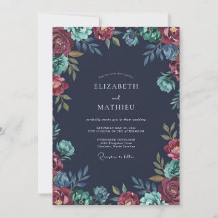 Midnight Teal Peony Wedding Invitation