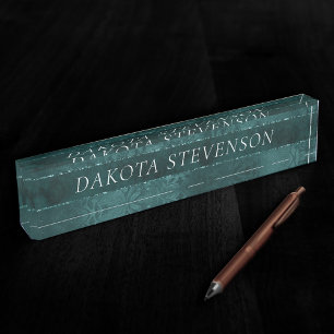 Midnight Teal Romance   Dark Green Satiny Damask Nameplate