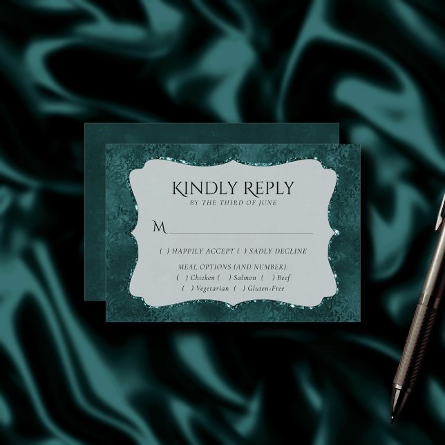 Midnight Teal Romance | Dark Satiny Damask Entree RSVP Card (Creator Uploaded)