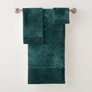 Midnight Teal Romance Dark Satiny Grunge Damask Bath Towel Set
