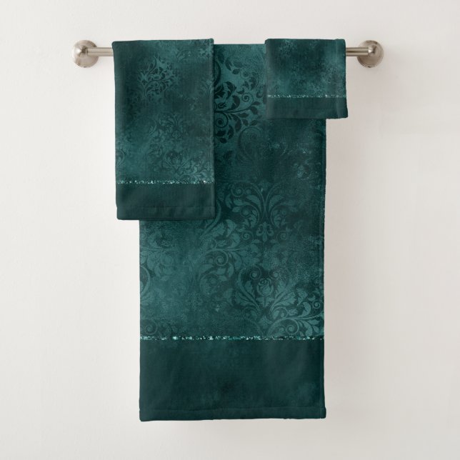 Midnight Teal Romance | Dark Satiny Grunge Damask Bath Towel Set (Insitu)