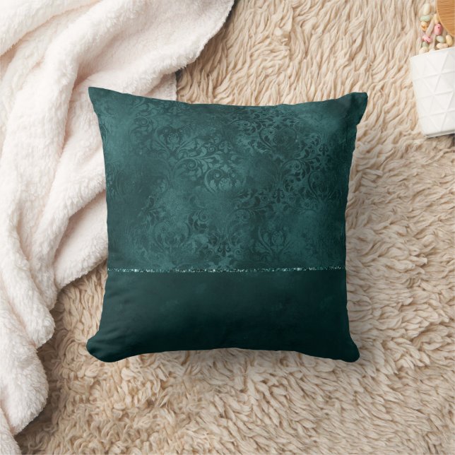 Midnight Teal Romance | Dark Satiny Grunge Damask Cushion (Blanket)