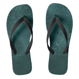 Midnight Teal Romance   Dark Satiny Grunge Damask Flip Flops