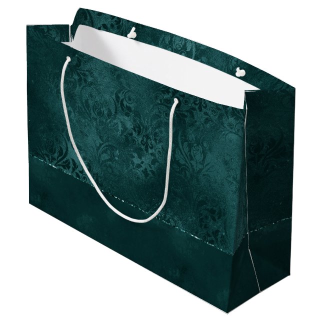 Midnight Teal Romance | Dark Satiny Grunge Damask Large Gift Bag (Back Angled)