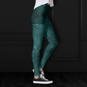 Midnight Teal Romance   Dark Satiny Grunge Damask Leggings