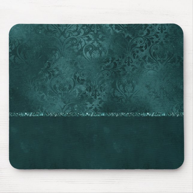 Midnight Teal Romance | Dark Satiny Grunge Damask Mouse Mat (Front)