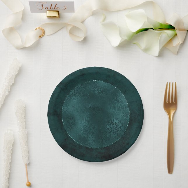 Midnight Teal Romance | Dark Satiny Grunge Damask Paper Plate (Wedding)