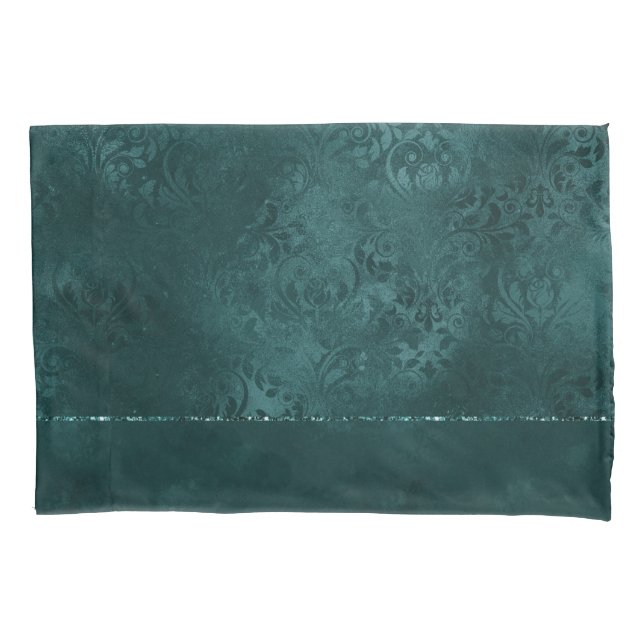 Midnight Teal Romance | Dark Satiny Grunge Damask Pillowcase (Front)