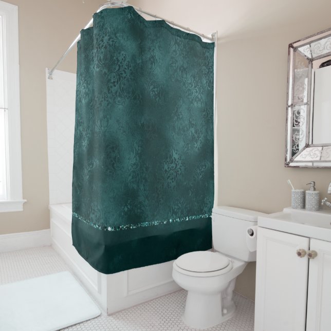 Midnight Teal Romance | Dark Satiny Grunge Damask Shower Curtain (In Situ)