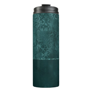 Midnight Teal Romance   Dark Satiny Grunge Damask Thermal Tumbler