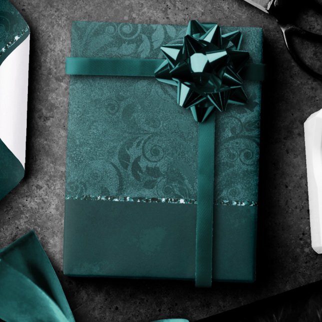 Midnight Teal Romance | Dark Satiny Grunge Damask Wrapping Paper (Creator Uploaded)