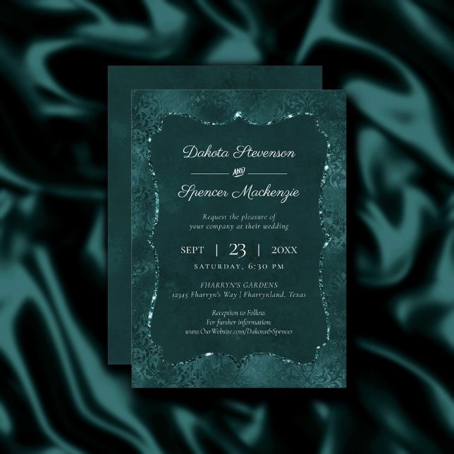 Midnight Teal Romance | Dark Satiny Grunge Wedding Invitation (Creator Uploaded)
