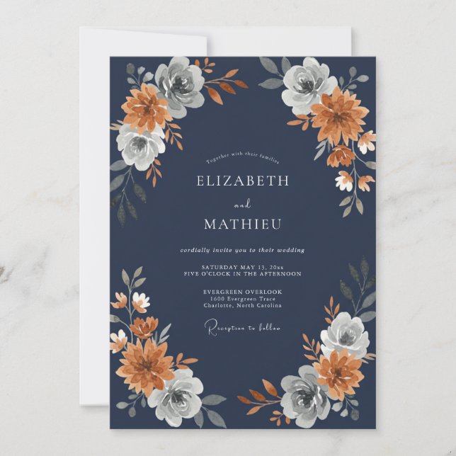 Midnight Terracotta Wildflower Wedding Invitation (Front)