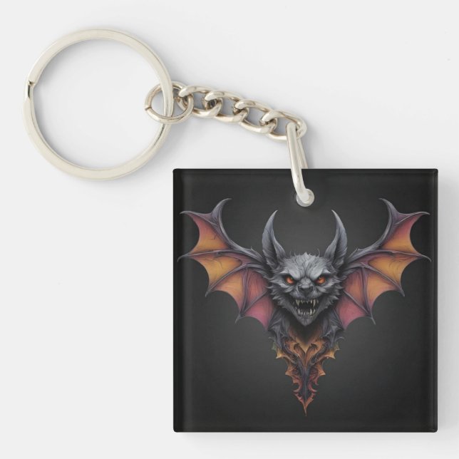 "Midnight Terror: Ink Drawing of a Scary Bat" Key Ring (Front)