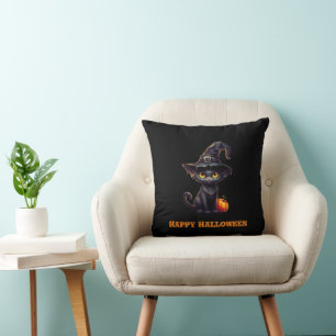 Midnight The Witchy Black Cat Halloween Cushion