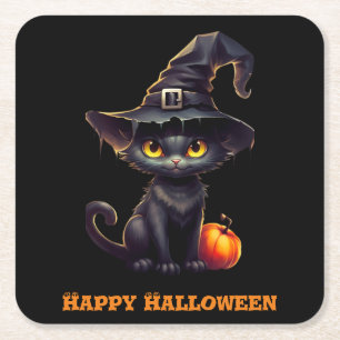 Midnight The Witchy Black Cat Halloween  Square Paper Coaster