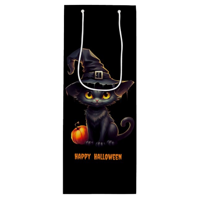 Midnight The Witchy Black Cat Halloween  Wine Gift Bag (Front)