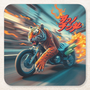 Midnight Tiger Rider Square Paper Coaster