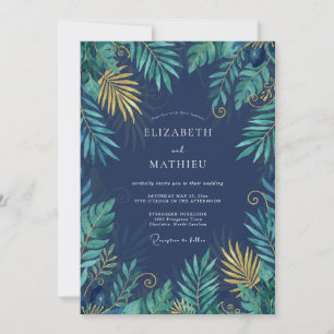 Midnight Tropical Palm Eucalyptus Wedding Invitation