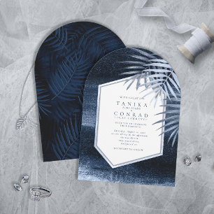 Midnight Tropical Palms Moody Blue Arch ID1322 Invitation