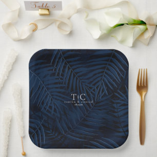Midnight Tropical Palms Moody Blue Pattern ID1322 Paper Plate