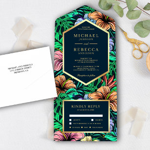 Midnight Tropical Vibrant Floral Garden Wedding All In One Invitation