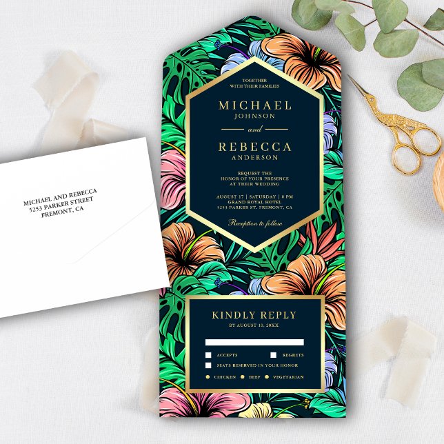 Midnight Tropical Vibrant Floral Garden Wedding All In One Invitation (Creator Uploaded)