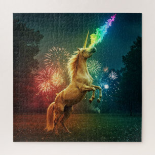Midnight Unicorn - Gold Rainbow Fireworks Jigsaw Puzzle