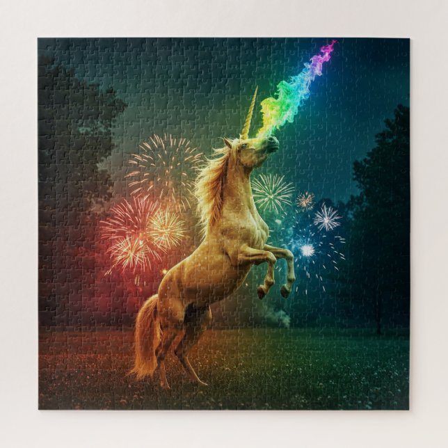 Midnight Unicorn - Gold Rainbow Fireworks Jigsaw Puzzle (Vertical)
