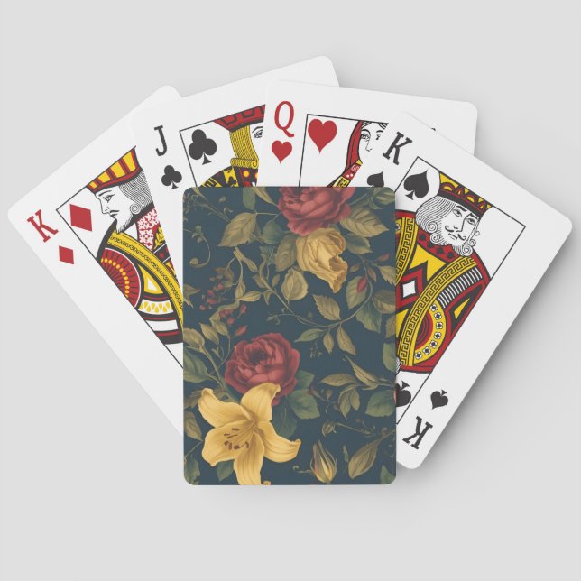 Midnight Victorian Floral – Yellow Lilies & Roses  Playing Cards (Back)