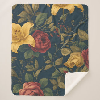 Midnight Victorian Floral – Yellow Lilies & Roses Sherpa Blanket