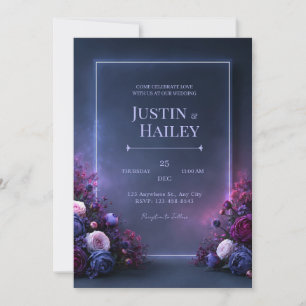 Midnight Violet Floral Frame Wedding Invitation
