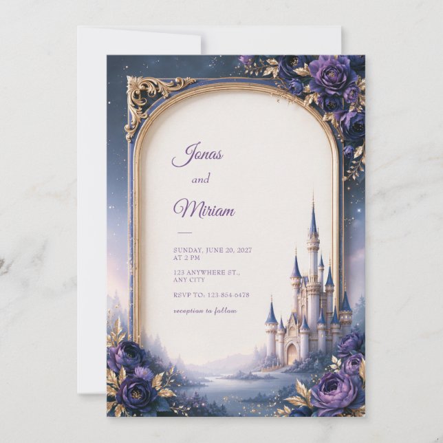 Midnight Violet Rose Castle Arch Wedding Invitation (Front)