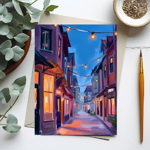 Midnight Walk City Street Watercolor Painting Postcard