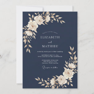 Midnight Warm Ivory Leafy Wedding Invitation