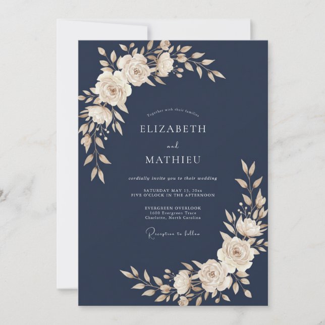 Midnight Warm Ivory Leafy Wedding Invitation (Front)