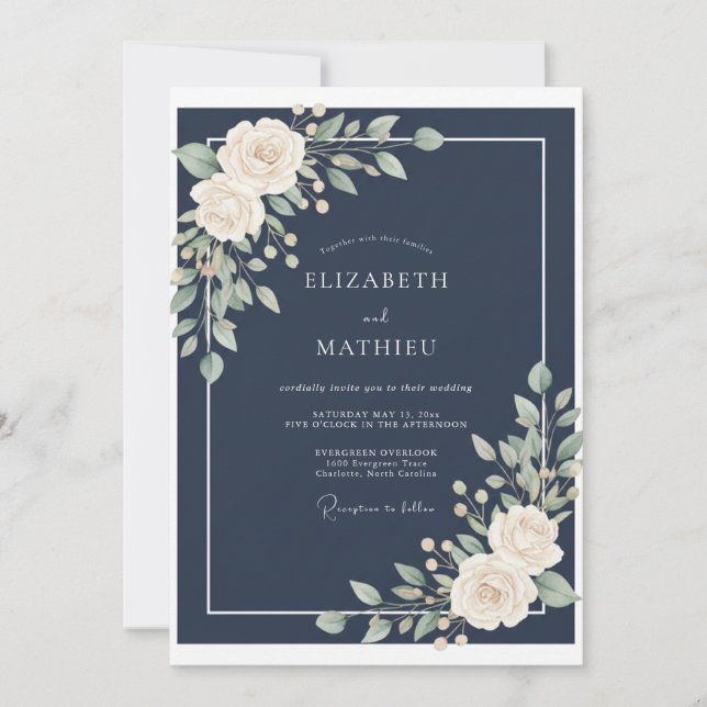 Midnight Warm White Blossom Wedding Invitation (Front)